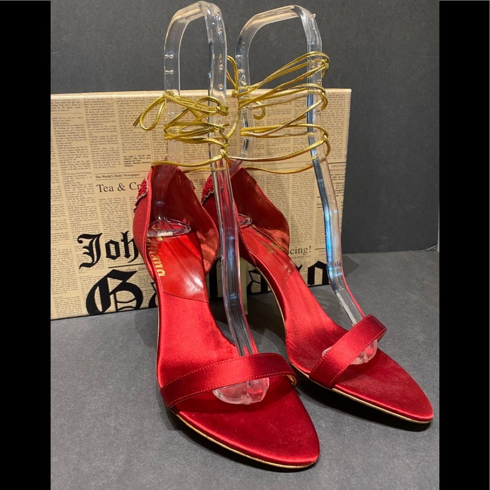 John Galliano red satin HH with gold ankle wrap